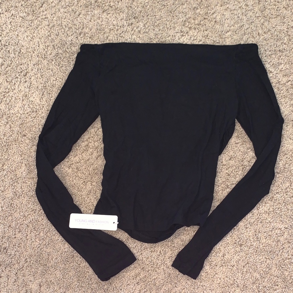 NWT Women's Black Off The Shoulder Long Sleeve Form Fitting Ruched Top XS - Picture 10 of 10